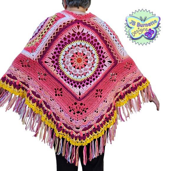 Handmade Crochet Boho Poncho in Orange, Pink, Yellow - Picture 4 of 13